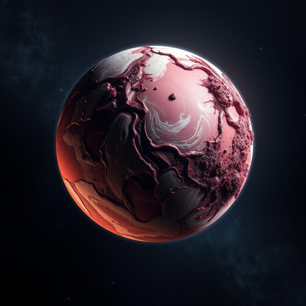 A surreal and nightmarish planet in space, resembling Earth but composed of flesh and blood, with half of its surface infected and corrupted