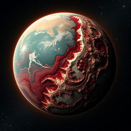 A surreal and nightmarish planet in space, resembling Earth but composed of flesh and blood, with half of its surface infected and corrupted