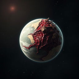 A surreal and nightmarish planet in space, resembling Earth but composed of flesh and blood, with half of its surface infected and corrupted