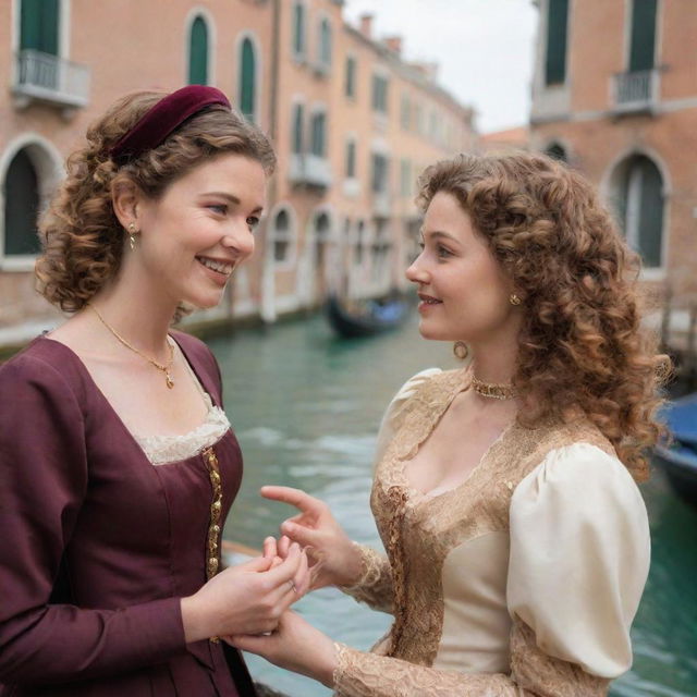 Update the scene where Portia, with dark blonde curly hair, and Nerissa, with brown hair, are both wearing elegant, vintage clothing. They are cheerfully engaged in conversation in the historical setting of Venice.