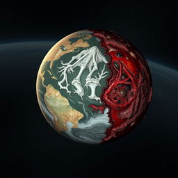 A surreal and nightmarish planet in space, resembling Earth but composed of flesh and blood, with half of its surface infected and corrupted