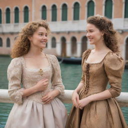 Update the scene where Portia, with dark blonde curly hair, and Nerissa, with brown hair, are both wearing elegant, vintage clothing. They are cheerfully engaged in conversation in the historical setting of Venice.