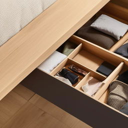 A well-crafted, stylish, and diverse drawer with multiple compartments, designed to fit comfortably in a contemporary bedroom setting