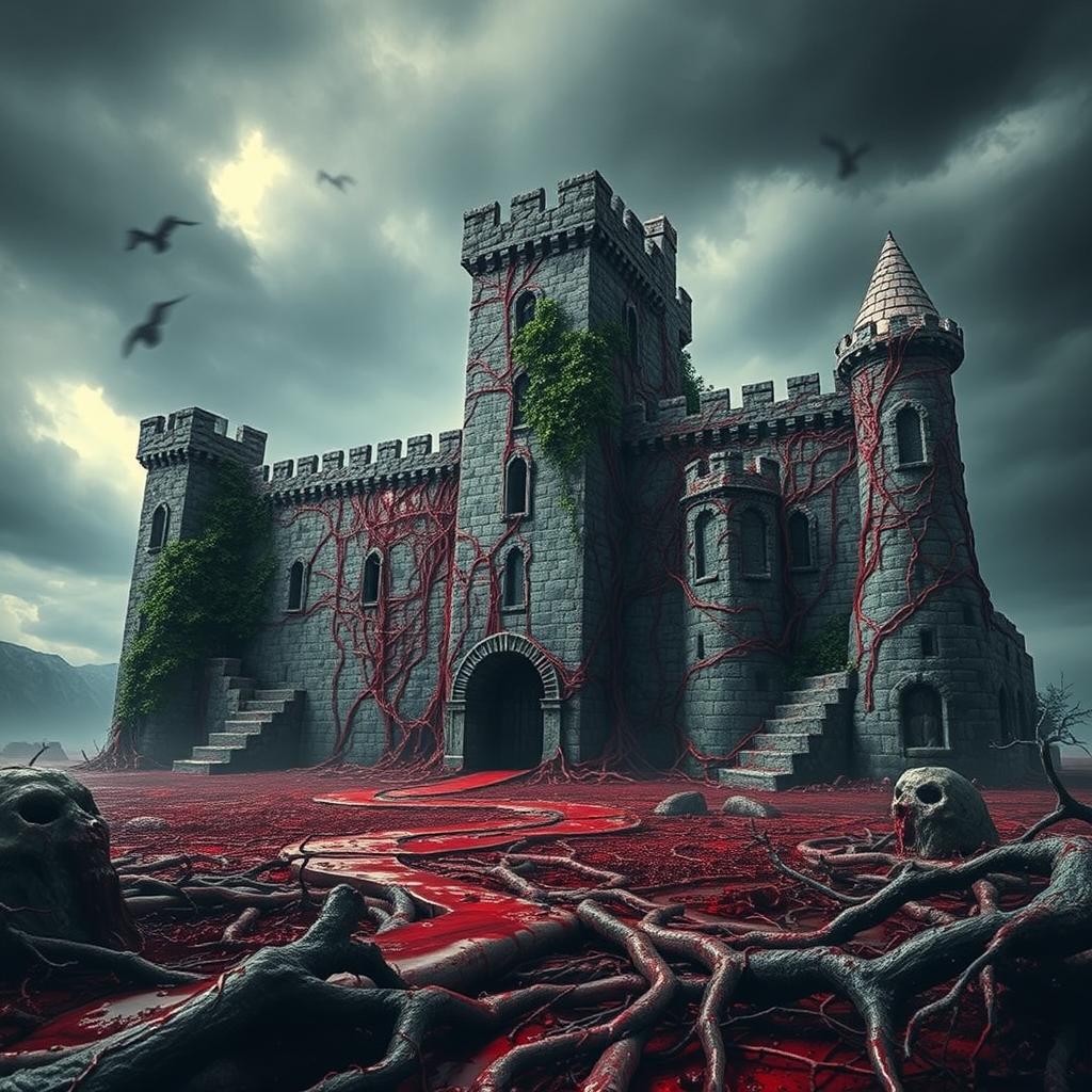 A Dungeons and Dragons-inspired bloody castle, featuring walls that are half stone and half flesh