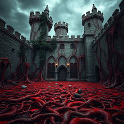 A Dungeons and Dragons-inspired bloody castle, featuring walls that are half stone and half flesh