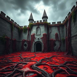 A Dungeons and Dragons-inspired bloody castle, featuring walls that are half stone and half flesh