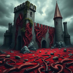 A Dungeons and Dragons-inspired bloody castle, featuring walls that are half stone and half flesh