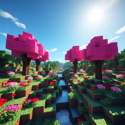 A Minecraft scene featuring pink trees as the central focus, surrounded by lush greenery and vibrant flowers