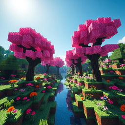 A Minecraft scene featuring pink trees as the central focus, surrounded by lush greenery and vibrant flowers