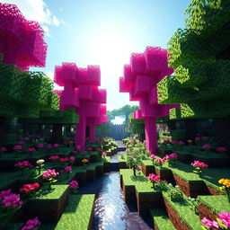 A Minecraft scene featuring pink trees as the central focus, surrounded by lush greenery and vibrant flowers