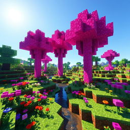 A Minecraft scene featuring pink trees as the central focus, surrounded by lush greenery and vibrant flowers