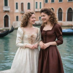 Update the scene where Portia, with dark blonde curly hair, and Nerissa, with brown hair, are both wearing elegant, vintage clothing. They are cheerfully engaged in conversation in the historical setting of Venice.