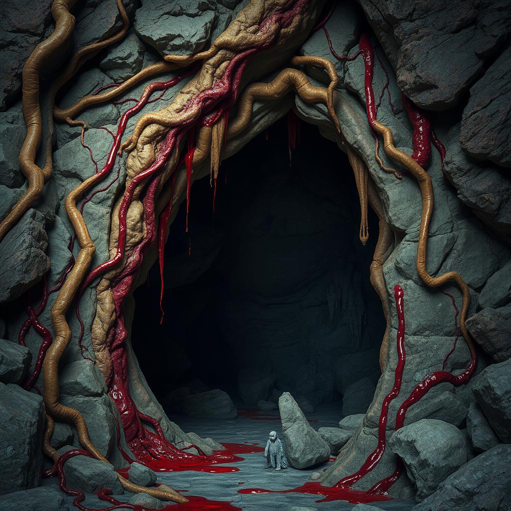 A cave entrance surrounded by pulsating flesh and flowing blood, yet maintaining a semblance of normalcy