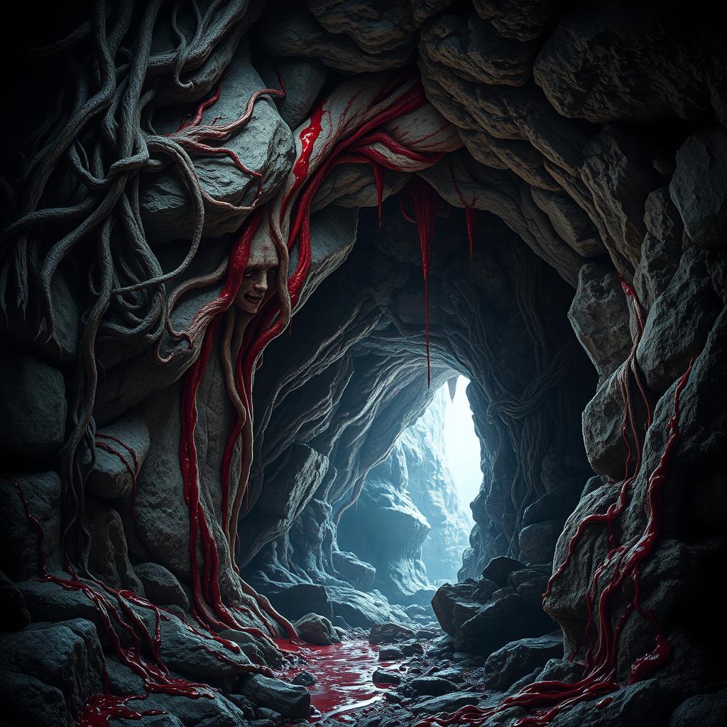 A cave entrance surrounded by pulsating flesh and flowing blood, yet maintaining a semblance of normalcy