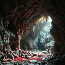 A cave entrance surrounded by pulsating flesh and flowing blood, yet maintaining a semblance of normalcy