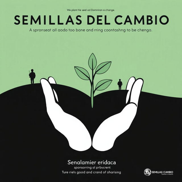 Text on a poster: "We plant the seed and create a change", "Semillas del Cambio", "Grupo Theatral" in bold font, centered in the image