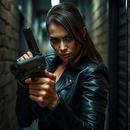 A confident, determined female hitwoman exuding strength and mystery