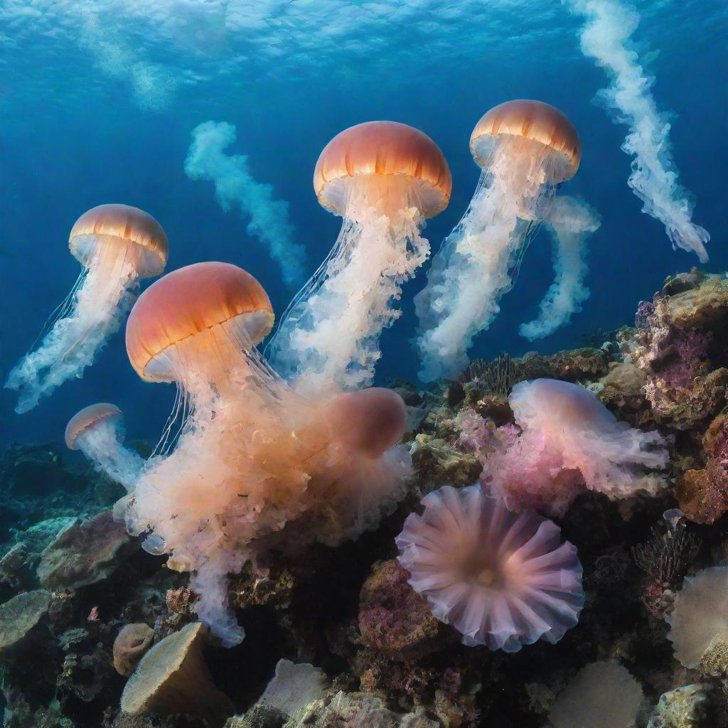 A vibrant coral reef at the bottom of the sea teeming with a variety of jellyfish.