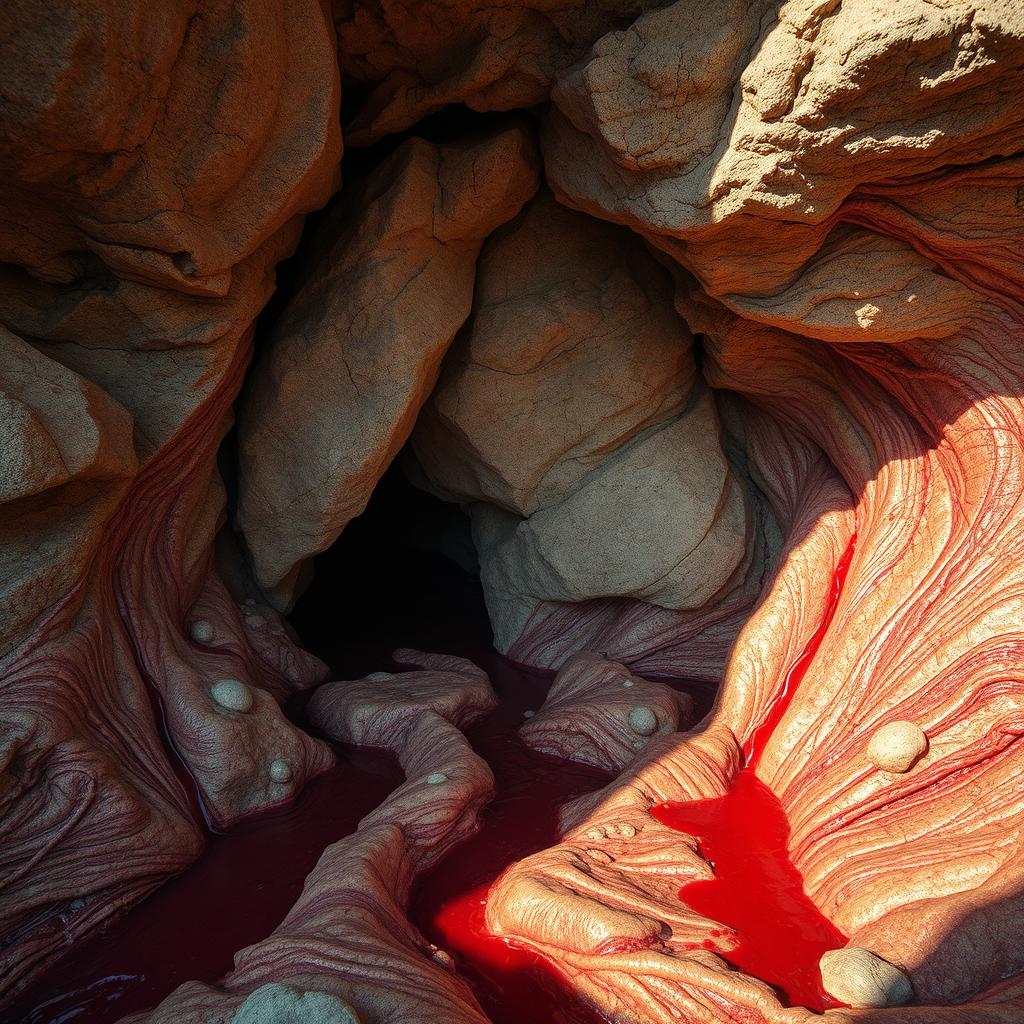 A cave entrance with an exterior appearance of normalcy, surrounded by an unusual landscape of flesh and blood