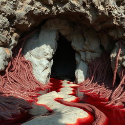 A cave entrance with an exterior appearance of normalcy, surrounded by an unusual landscape of flesh and blood