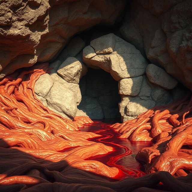 A cave entrance with an exterior appearance of normalcy, surrounded by an unusual landscape of flesh and blood