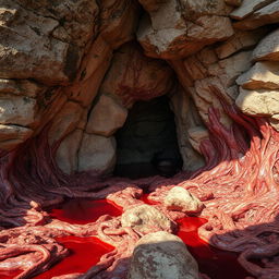 A cave entrance with an exterior appearance of normalcy, surrounded by an unusual landscape of flesh and blood