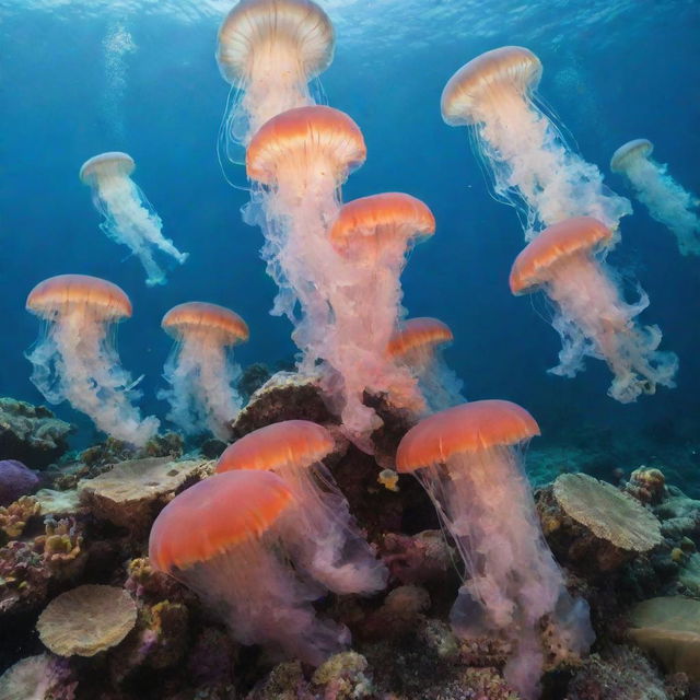 A vibrant coral reef at the bottom of the sea teeming with a variety of jellyfish.