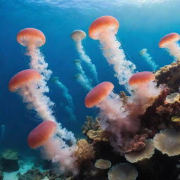 A vibrant coral reef at the bottom of the sea teeming with a variety of jellyfish.