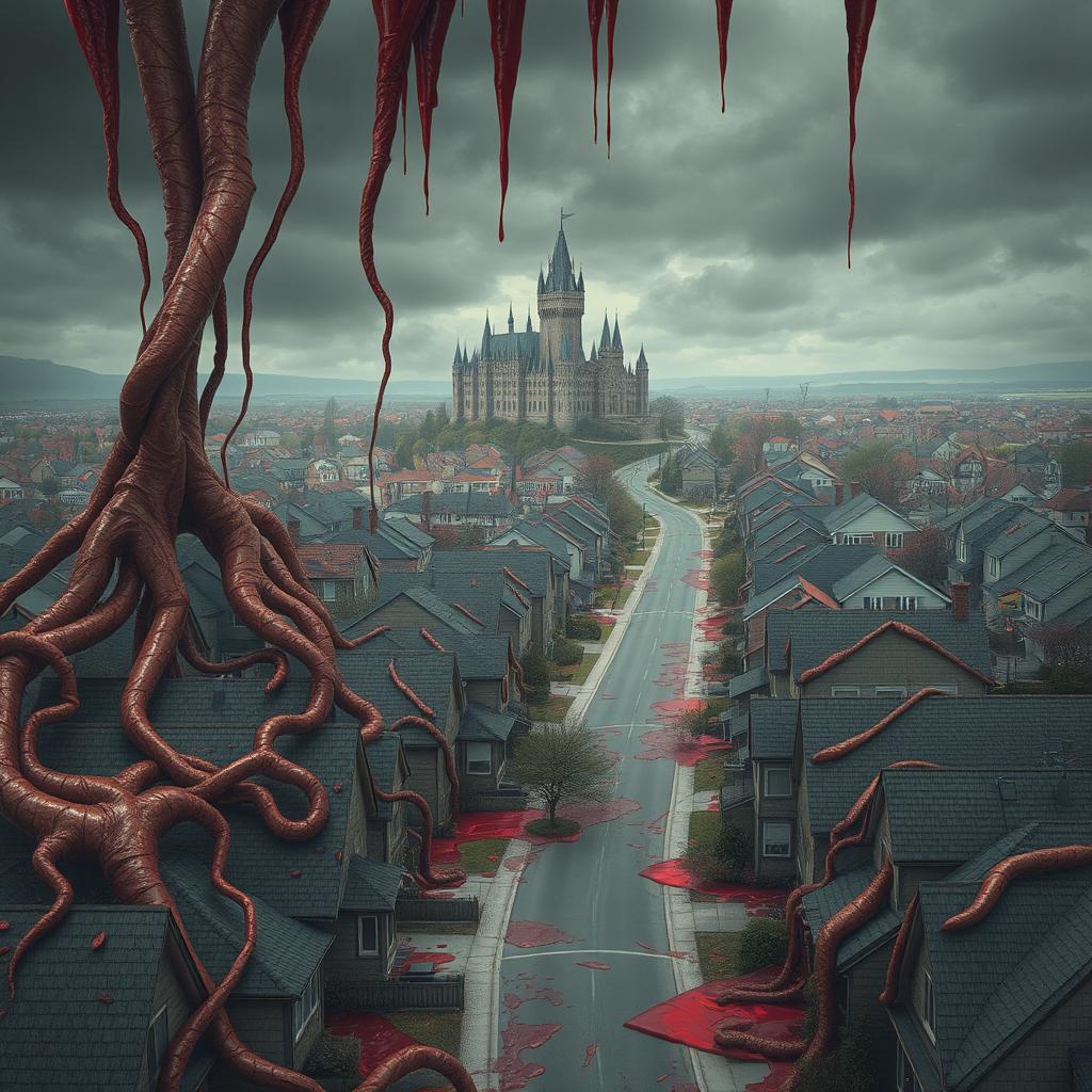 A sprawling capital city consisting of ordinary houses, yet enveloped in a surreal and gruesome scene of flesh and blood