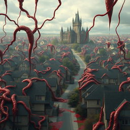 A sprawling capital city consisting of ordinary houses, yet enveloped in a surreal and gruesome scene of flesh and blood