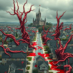 A sprawling capital city consisting of ordinary houses, yet enveloped in a surreal and gruesome scene of flesh and blood