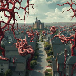 A sprawling capital city consisting of ordinary houses, yet enveloped in a surreal and gruesome scene of flesh and blood