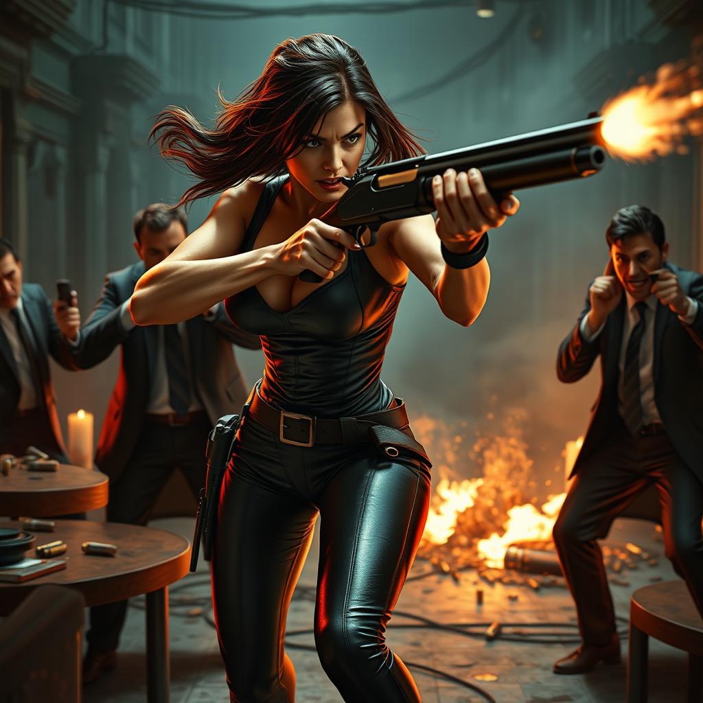 A fierce and agile female hitwoman engaging in an intense battle with mafia members