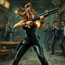 A fierce and agile female hitwoman engaging in an intense battle with mafia members