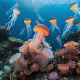 A vibrant coral reef at the bottom of the sea teeming with a variety of jellyfish.