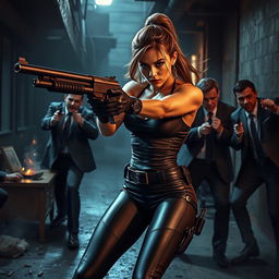 A fierce and agile female hitwoman engaging in an intense battle with mafia members