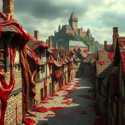 A medieval-style capital city composed of ordinary houses, enshrouded in a haunting scene of flesh and blood