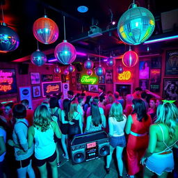 a vibrant 1980s themed party hall filled with colorful neon lights, disco balls hanging from the ceiling, and a lively retro dance floor with people dressed in vintage 80s fashion, big hair, shoulder pads, and leg warmers, enjoying music from a classic 80s boom box