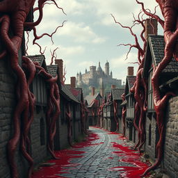 A medieval-style capital city composed of ordinary houses, enshrouded in a haunting scene of flesh and blood