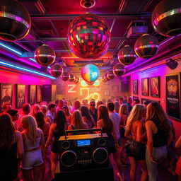 a vibrant 1980s themed party hall filled with colorful neon lights, disco balls hanging from the ceiling, and a lively retro dance floor with people dressed in vintage 80s fashion, big hair, shoulder pads, and leg warmers, enjoying music from a classic 80s boom box