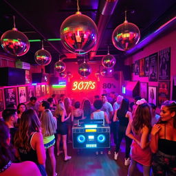 a vibrant 1980s themed party hall filled with colorful neon lights, disco balls hanging from the ceiling, and a lively retro dance floor with people dressed in vintage 80s fashion, big hair, shoulder pads, and leg warmers, enjoying music from a classic 80s boom box