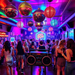 a vibrant 1980s themed party hall filled with colorful neon lights, disco balls hanging from the ceiling, and a lively retro dance floor with people dressed in vintage 80s fashion, big hair, shoulder pads, and leg warmers, enjoying music from a classic 80s boom box