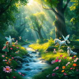 A mystical forest scene with vibrant, lush greenery, whimsical creatures like fairies and unicorns playfully interacting