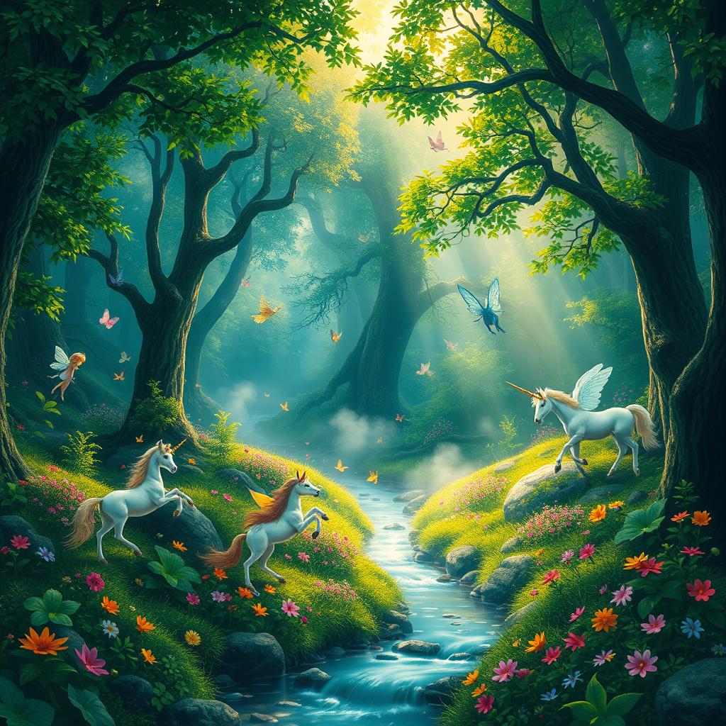 A mystical forest scene with vibrant, lush greenery, whimsical creatures like fairies and unicorns playfully interacting