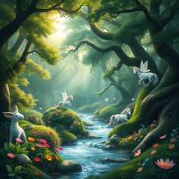 A mystical forest scene with vibrant, lush greenery, whimsical creatures like fairies and unicorns playfully interacting