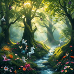 A mystical forest scene with vibrant, lush greenery, whimsical creatures like fairies and unicorns playfully interacting