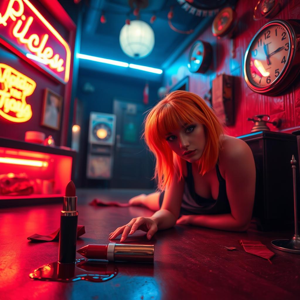 a mysterious and intense 1980s themed party hall scene featuring a woman with striking orange hair styled in the fashion of the decade