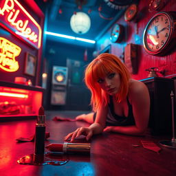 a mysterious and intense 1980s themed party hall scene featuring a woman with striking orange hair styled in the fashion of the decade