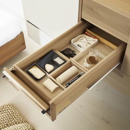 A well-crafted, stylish, and diverse drawer with multiple compartments, designed to fit comfortably in a contemporary bedroom setting