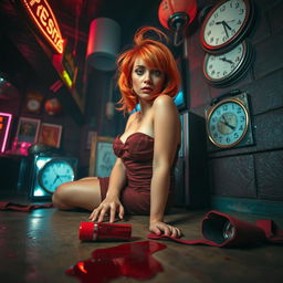 a mysterious and intense 1980s themed party hall scene featuring a woman with striking orange hair styled in the fashion of the decade